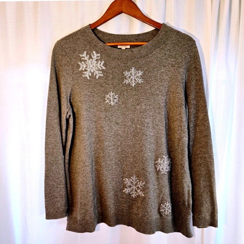 Talbots Womens Petite Large Gray Silver‎ Metallic Snowflake Crewneck Sweater LP
